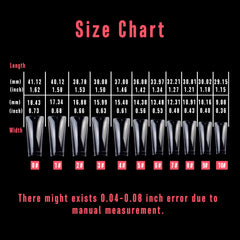 NOVO OVO size comparison spread showing 11 sizes for precise wide-nail fit