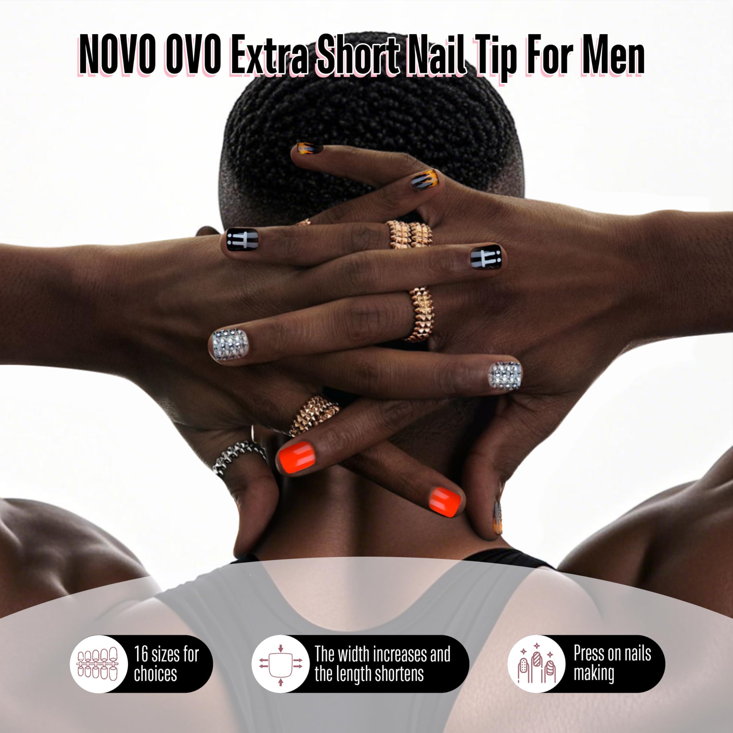 NOVO OVO close-up of thumb tip sizes highlighting tailored fit for male thumbs