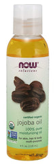 NOW Foods jojoba oil front label showing organic certification and bottle benefit