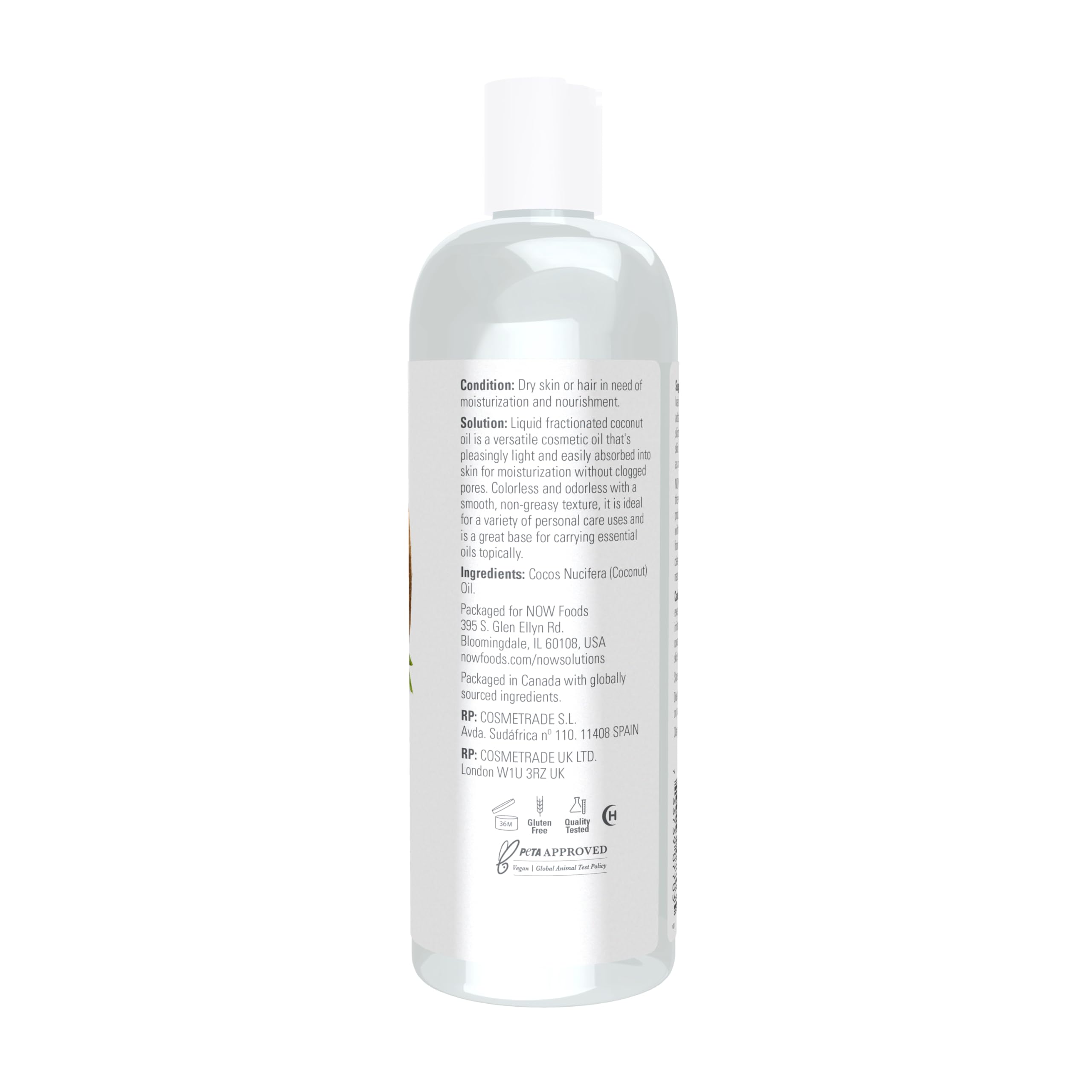 NOW Foods pouring liquid coconut oil texture demonstrating lightweight absorption benefit