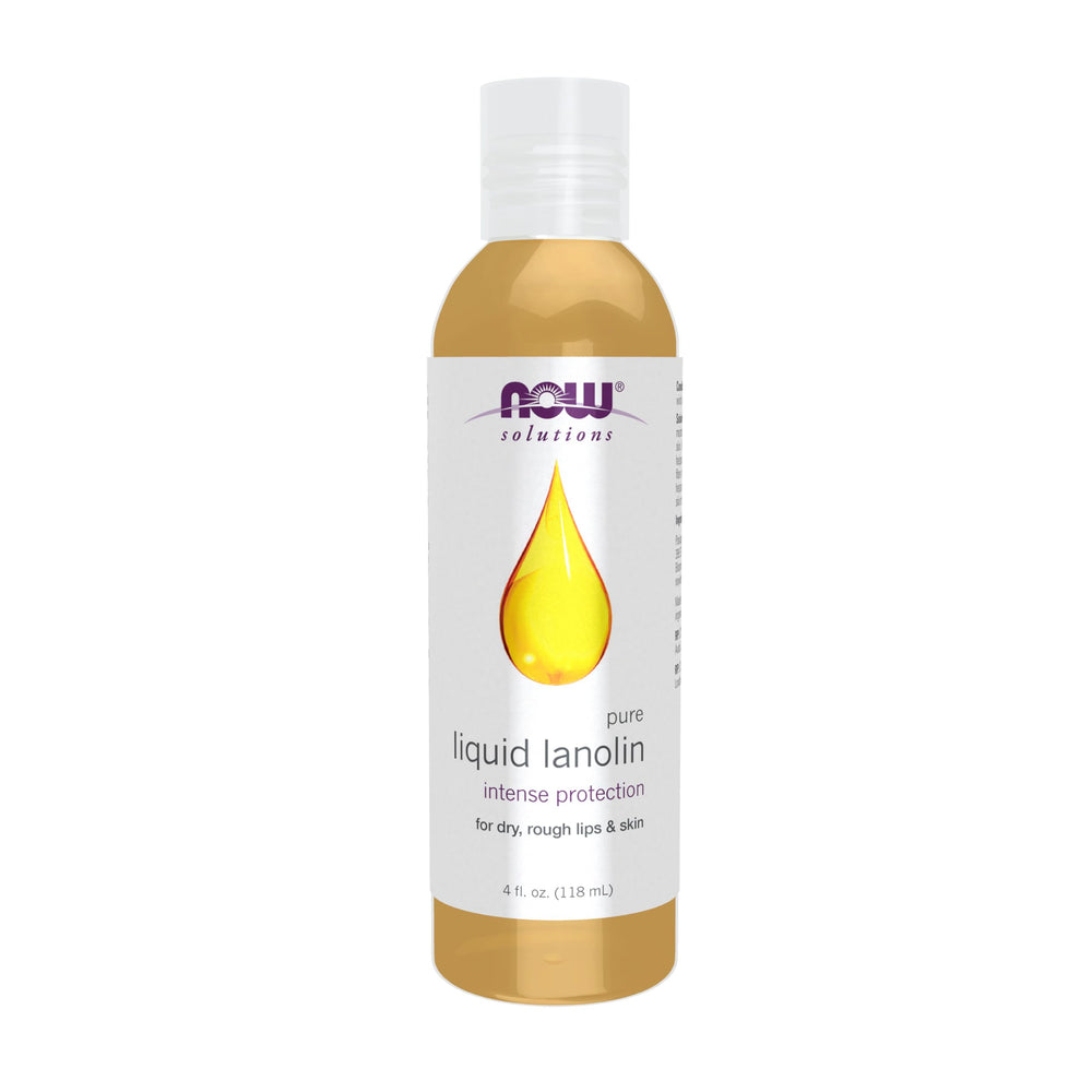 NOW Foods bottle front view showing clear lanolin and label with benefits