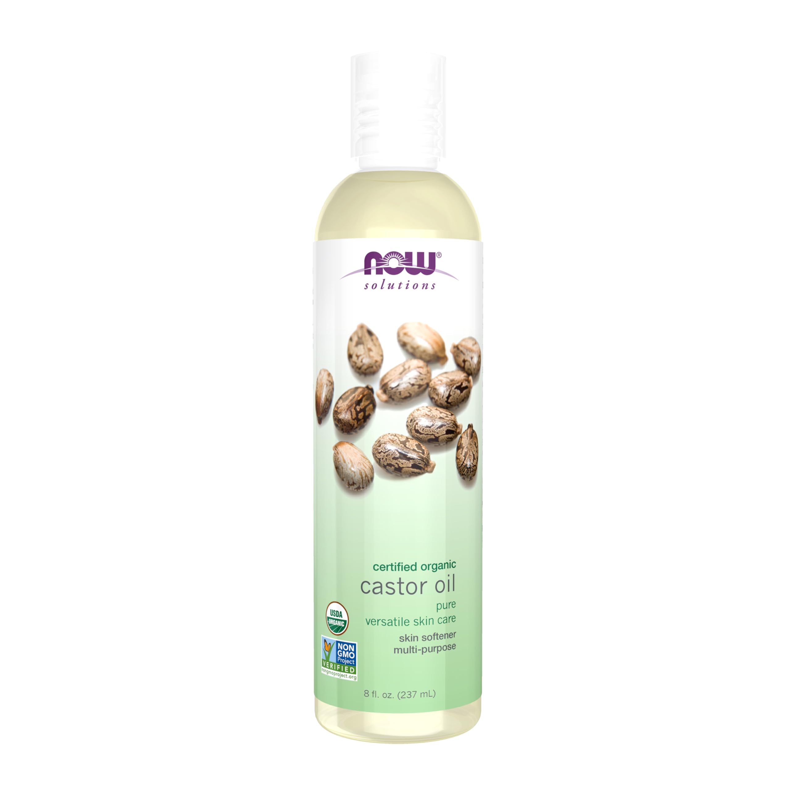 NOW Foods bottle front view showing organic castor oil, clear packaging benefit