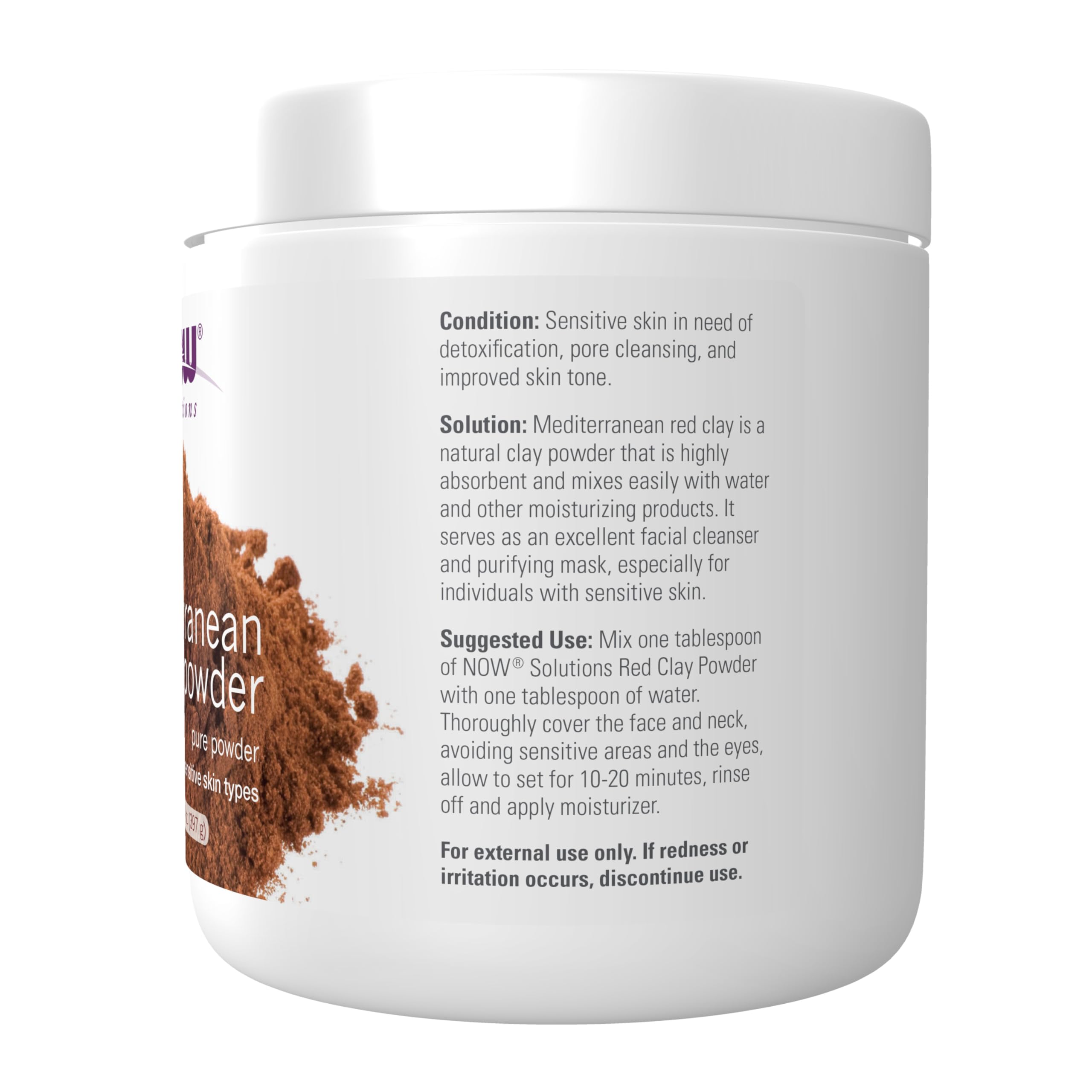 NOW Foods red clay powder texture close-up for smooth mask blending