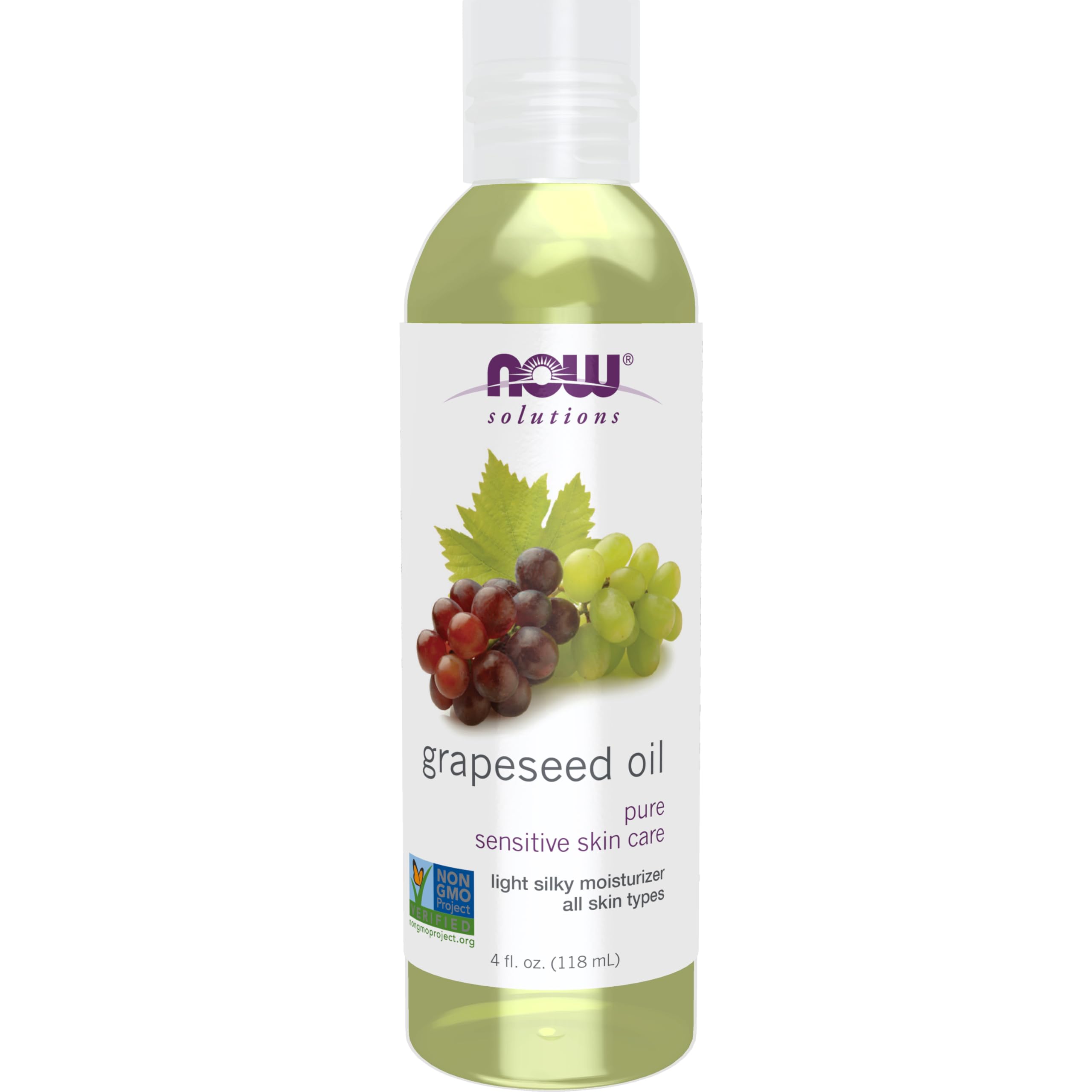 NOW grapeseed oil front packaging showing bottle and cap, highlights purity