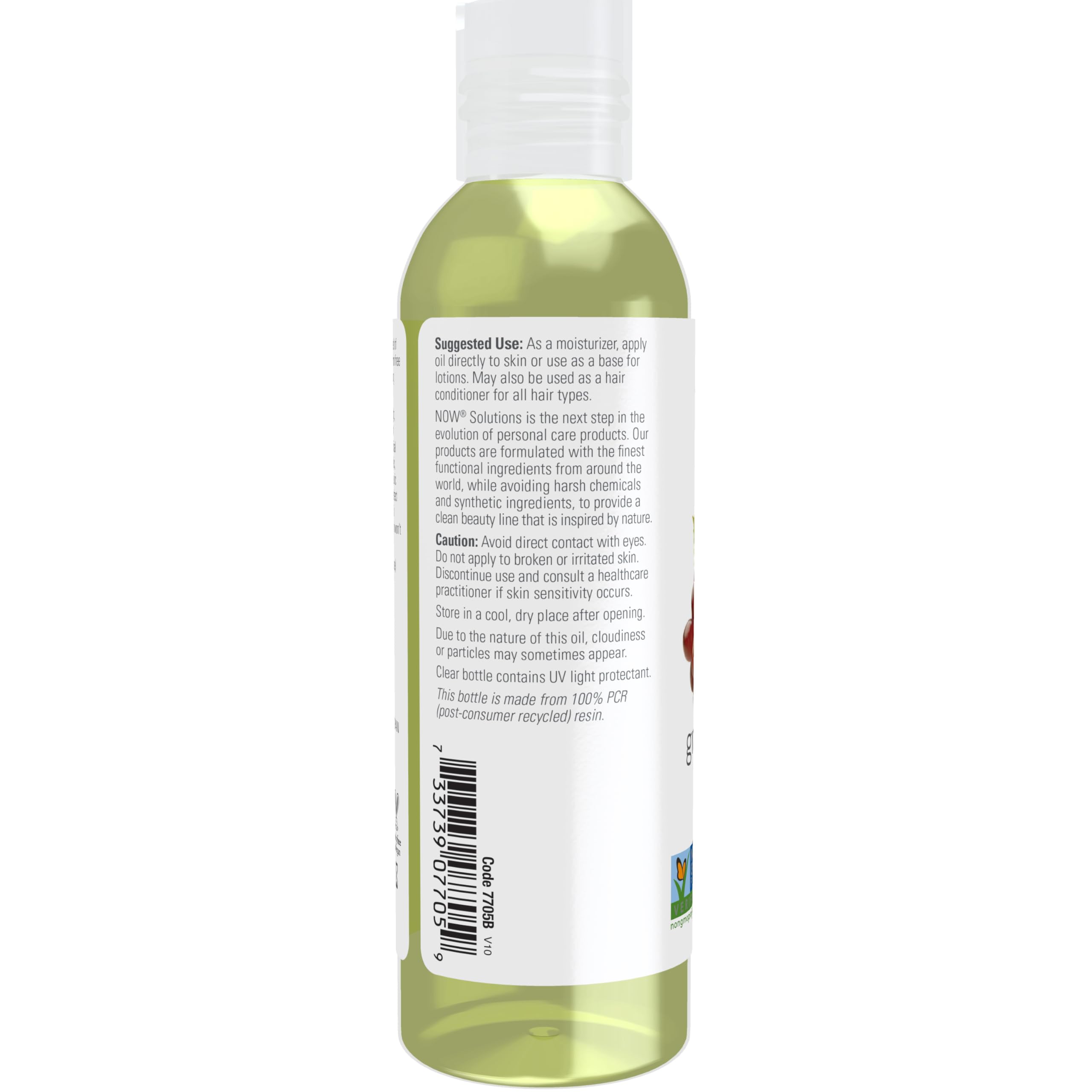 NOW grapeseed oil label and ingredient list close-up, confirms single-ingredient quality