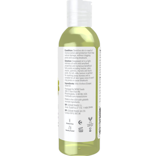 NOW grapeseed oil pouring texture close-up, shows lightweight absorption