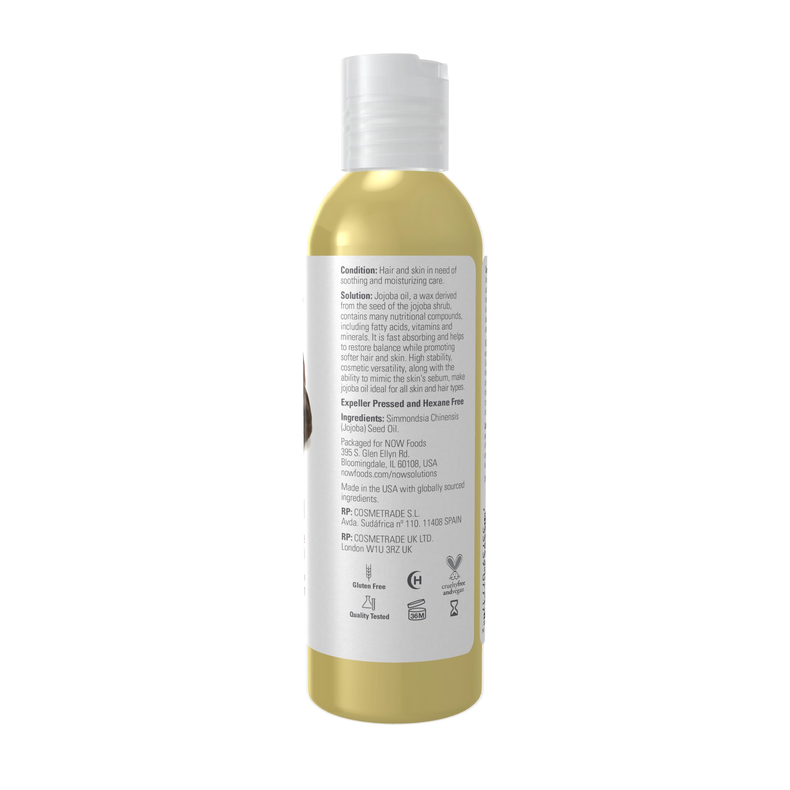 NOW Foods jojoba oil pouring drops to illustrate fast-absorbing benefit