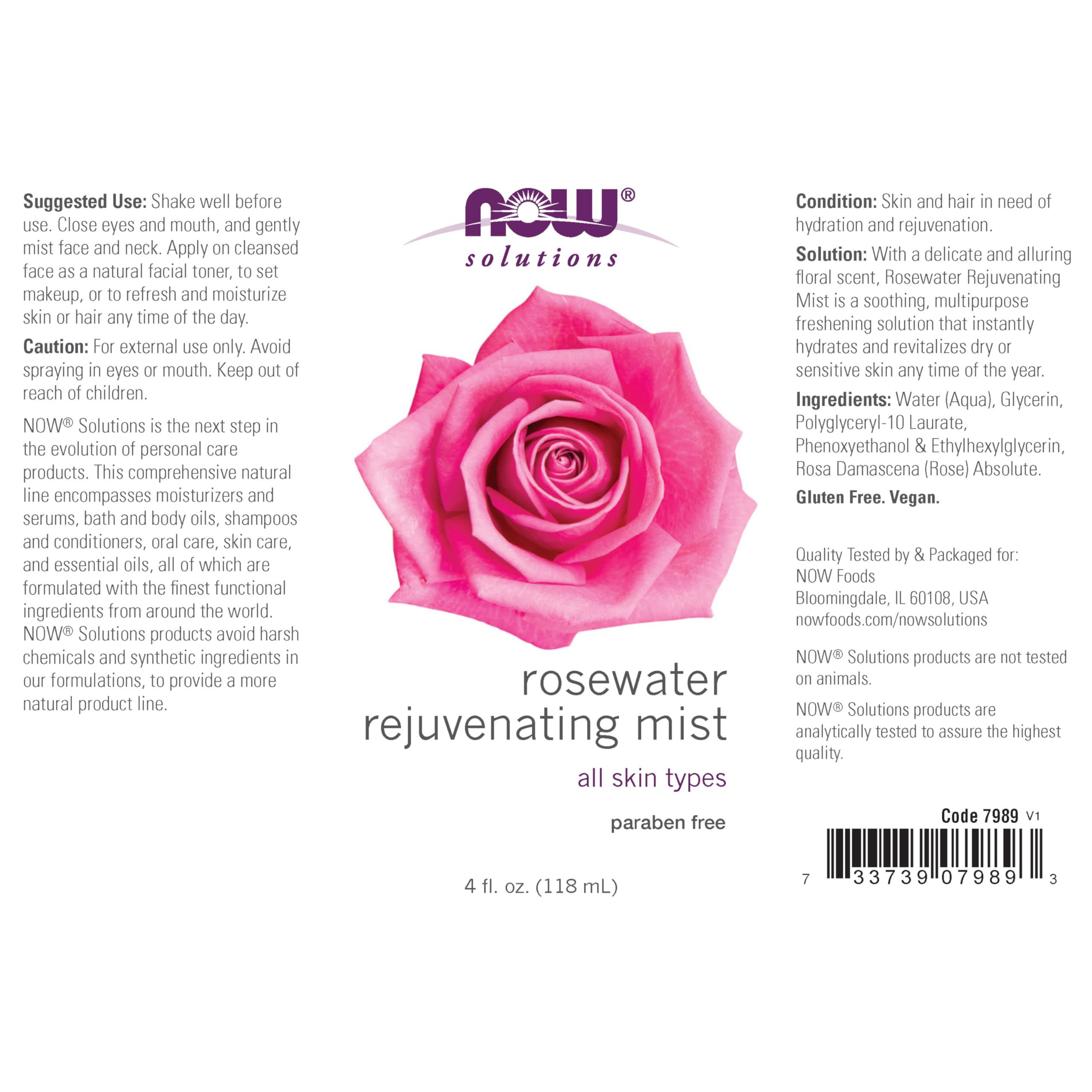NOW Foods rosewater mist spraying onto skin to show fine, refreshing hydration benefit