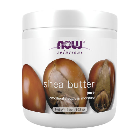 NOW Foods shea butter jar front view showing size and branding and easy storage benefit