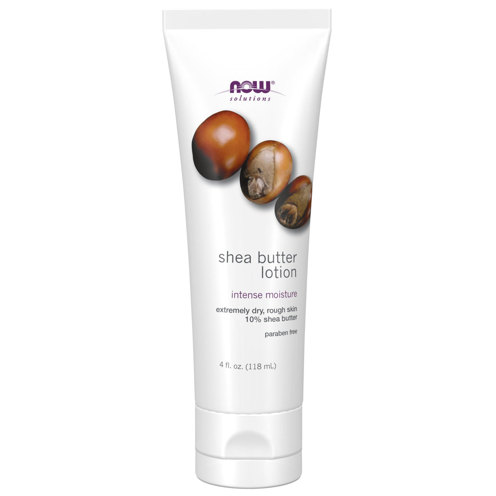 NOW Solutions shea butter lotion front packaging showing 4-ounce tube and citrus scent benefit