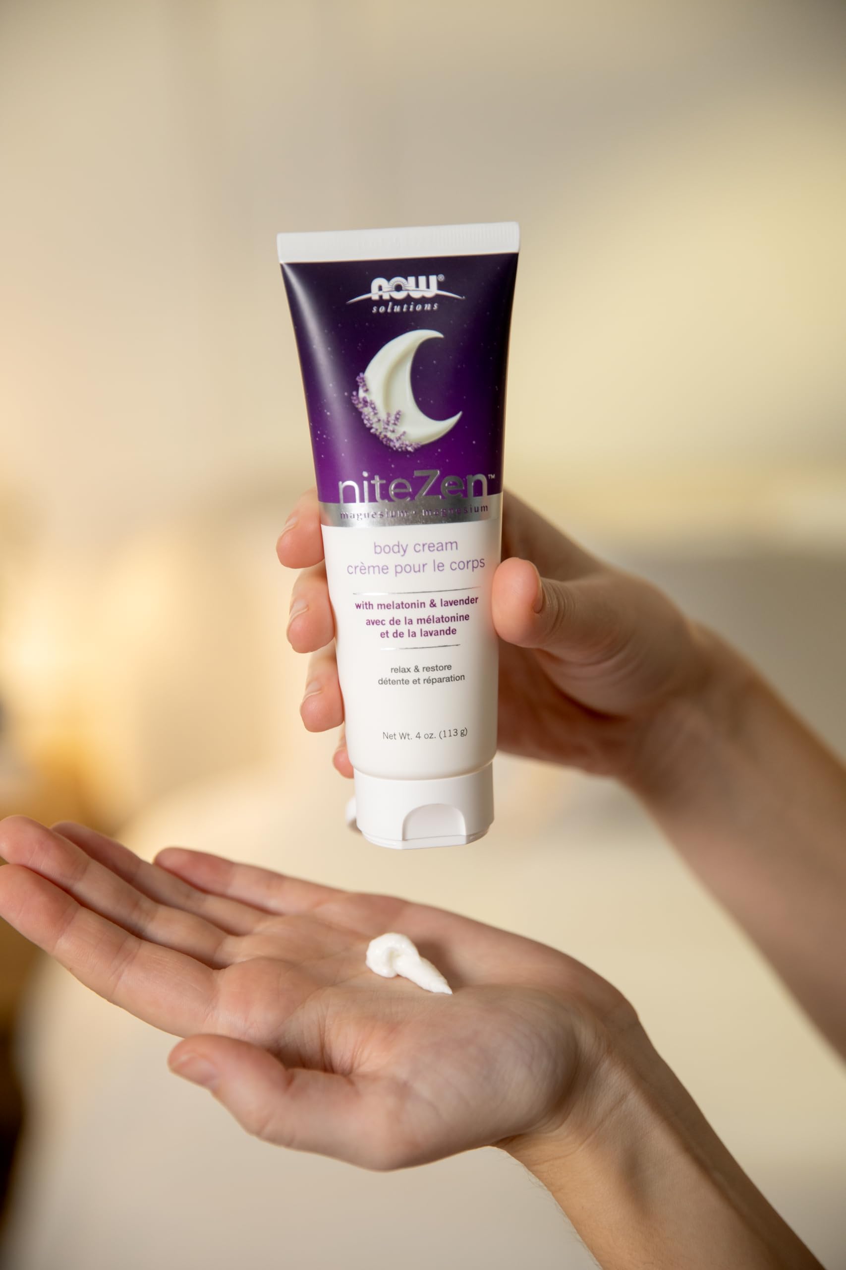 NOW Solutions niteZen applied on forearm demonstrating massage application and calming pre-sleep benefit