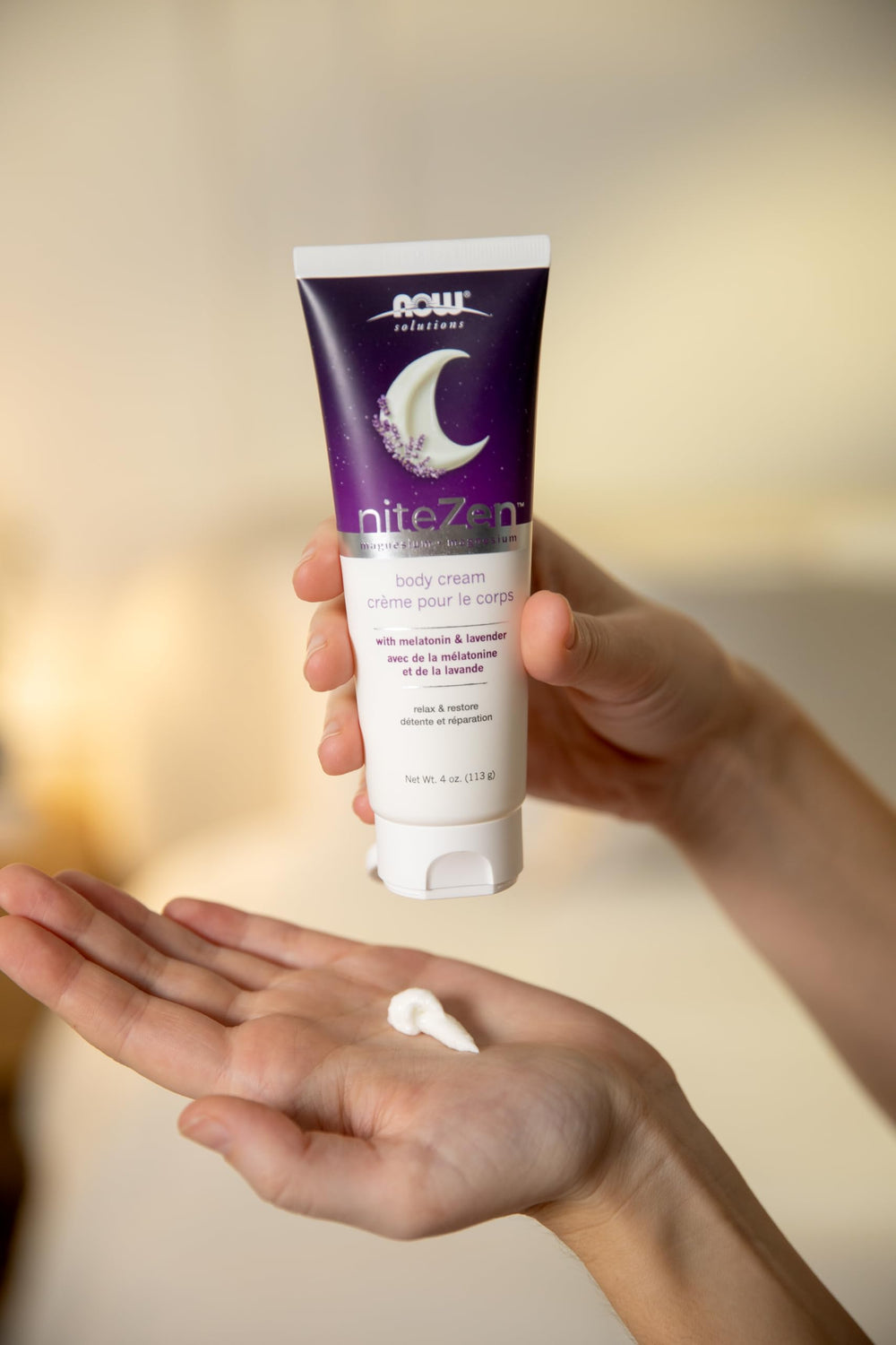 NOW Solutions niteZen applied on forearm demonstrating massage application and calming pre-sleep benefit