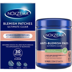 Noxzema front packaging showing both patch box and pads jar for complete routine