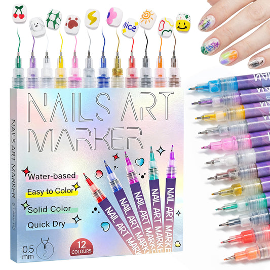 NPYXBR front packaging showing 12 vibrant nail art pens and set benefits
