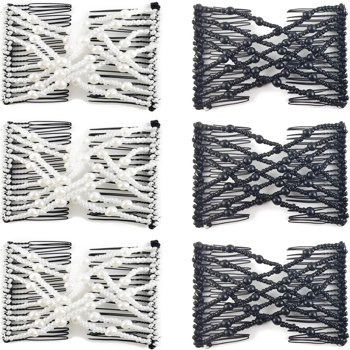 NSBELL front view of six beaded elastic combs showing colors and packaging - decorative finish