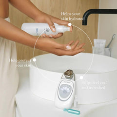 Nu Skin mist on model face for instant refresh and dewy finish