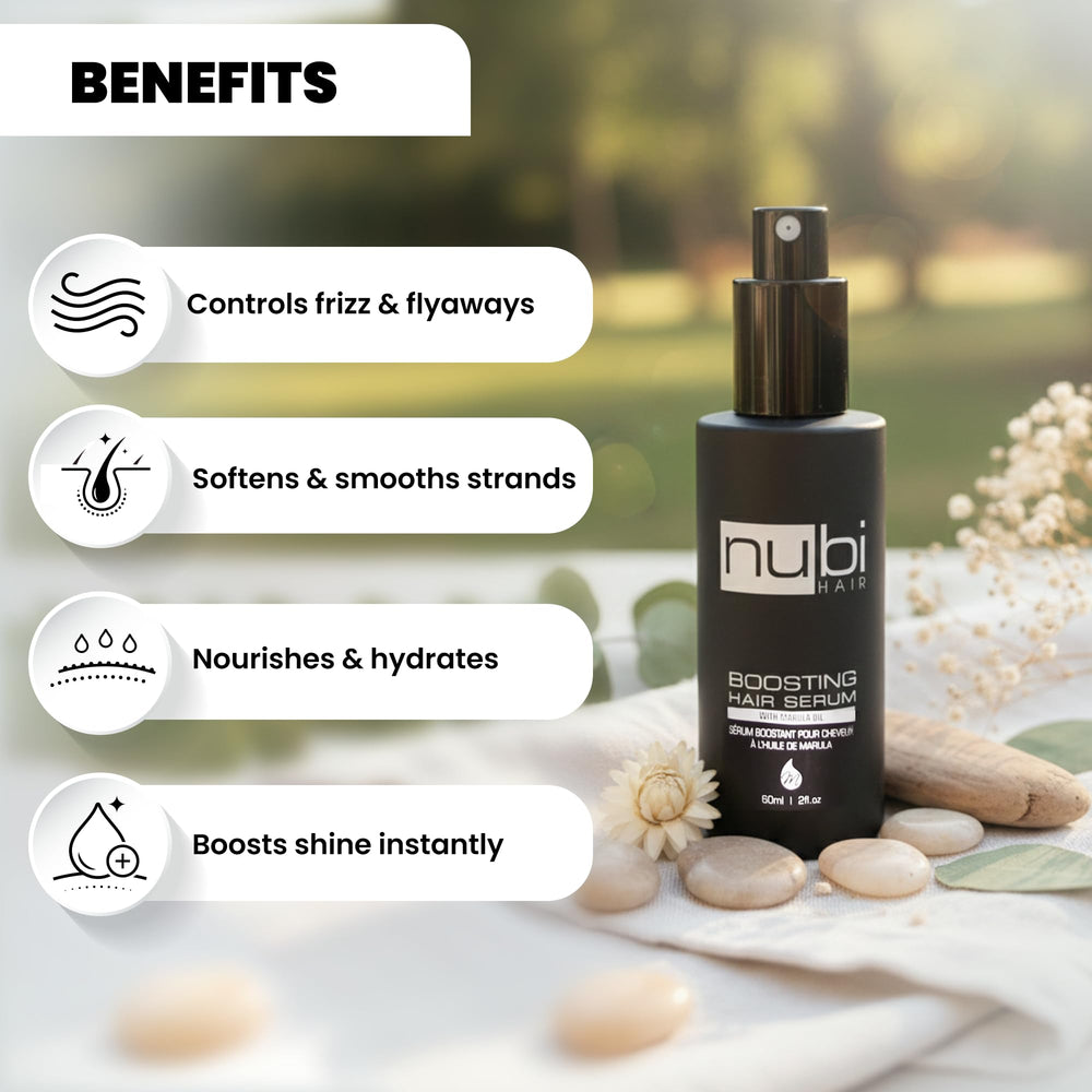 Nubi Hair before and after hair comparison showing reduced frizz and added shine