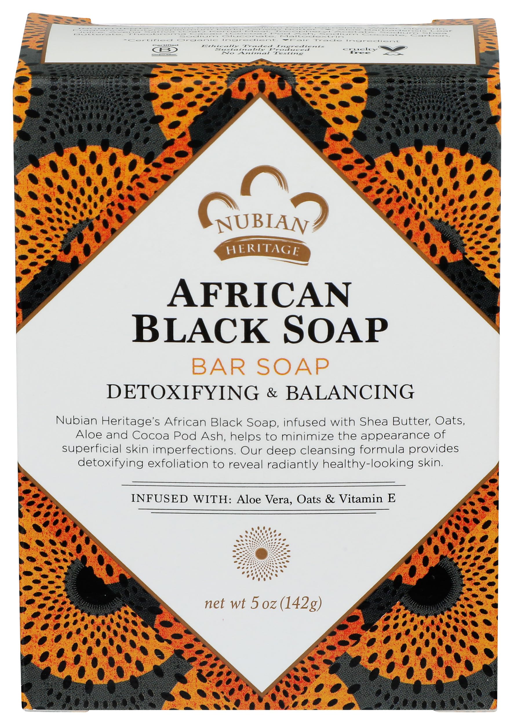 Nubian Heritage front packaging showing the African Black soap benefits