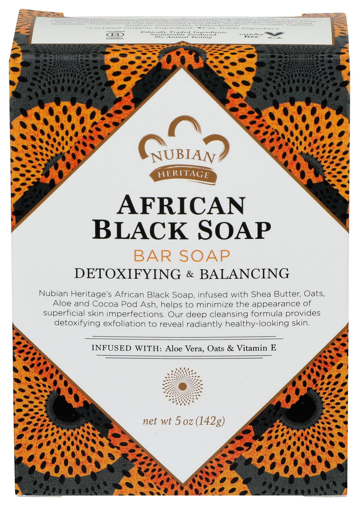 Nubian Heritage front packaging showing the African Black soap benefits