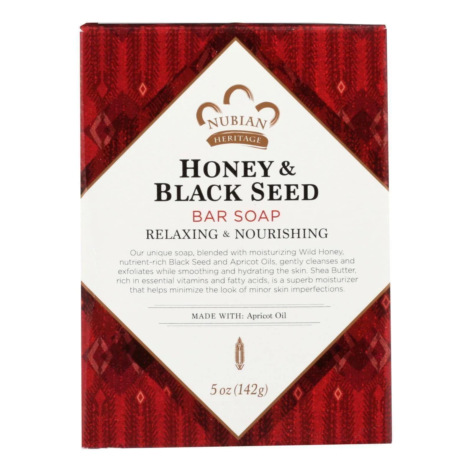 Nubian Heritage soap bar front packaging showing ingredients and size for informed choice