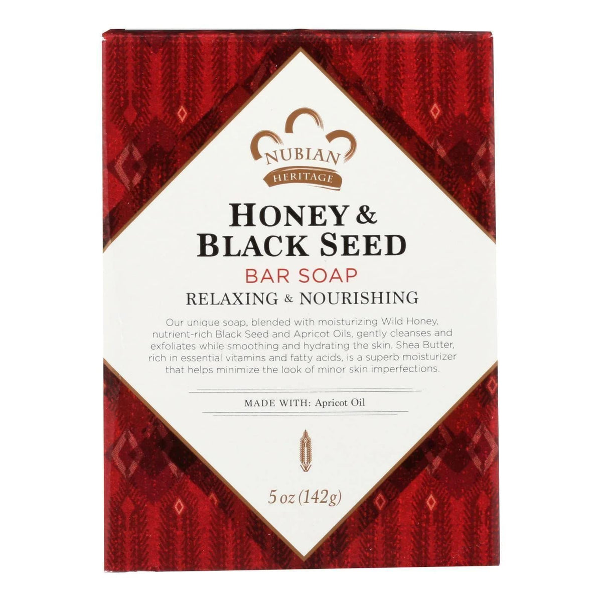 Nubian Heritage soap bar front packaging showing ingredients and size for informed choice