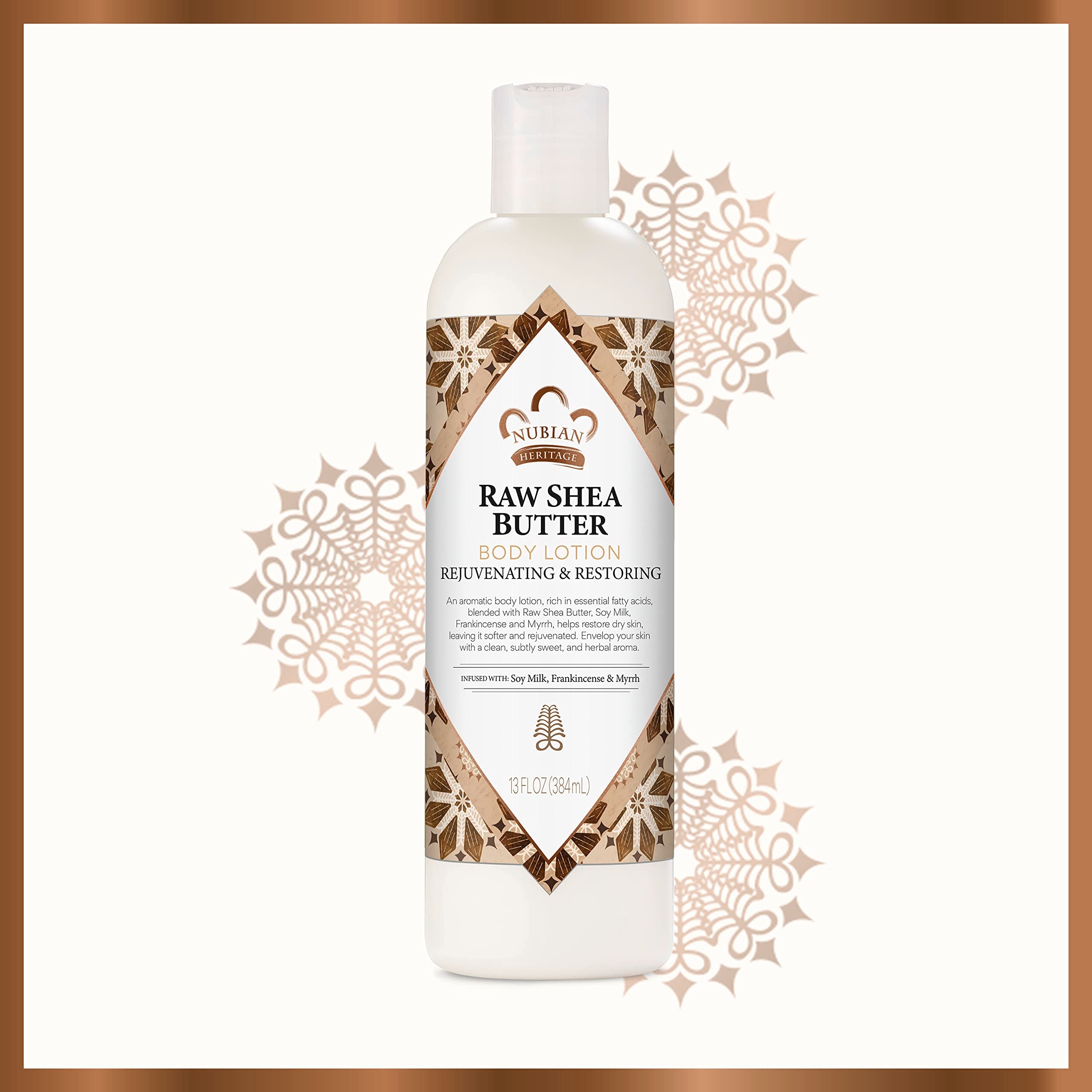 Nubian Heritage lotion on a bathroom shelf in use context promoting daily ritual hydration