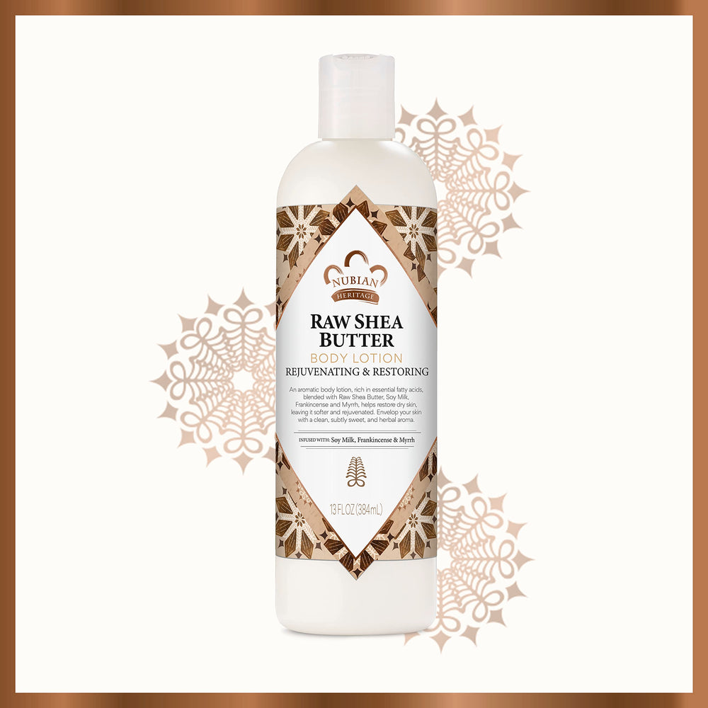 Nubian Heritage lotion on a bathroom shelf in use context promoting daily ritual hydration
