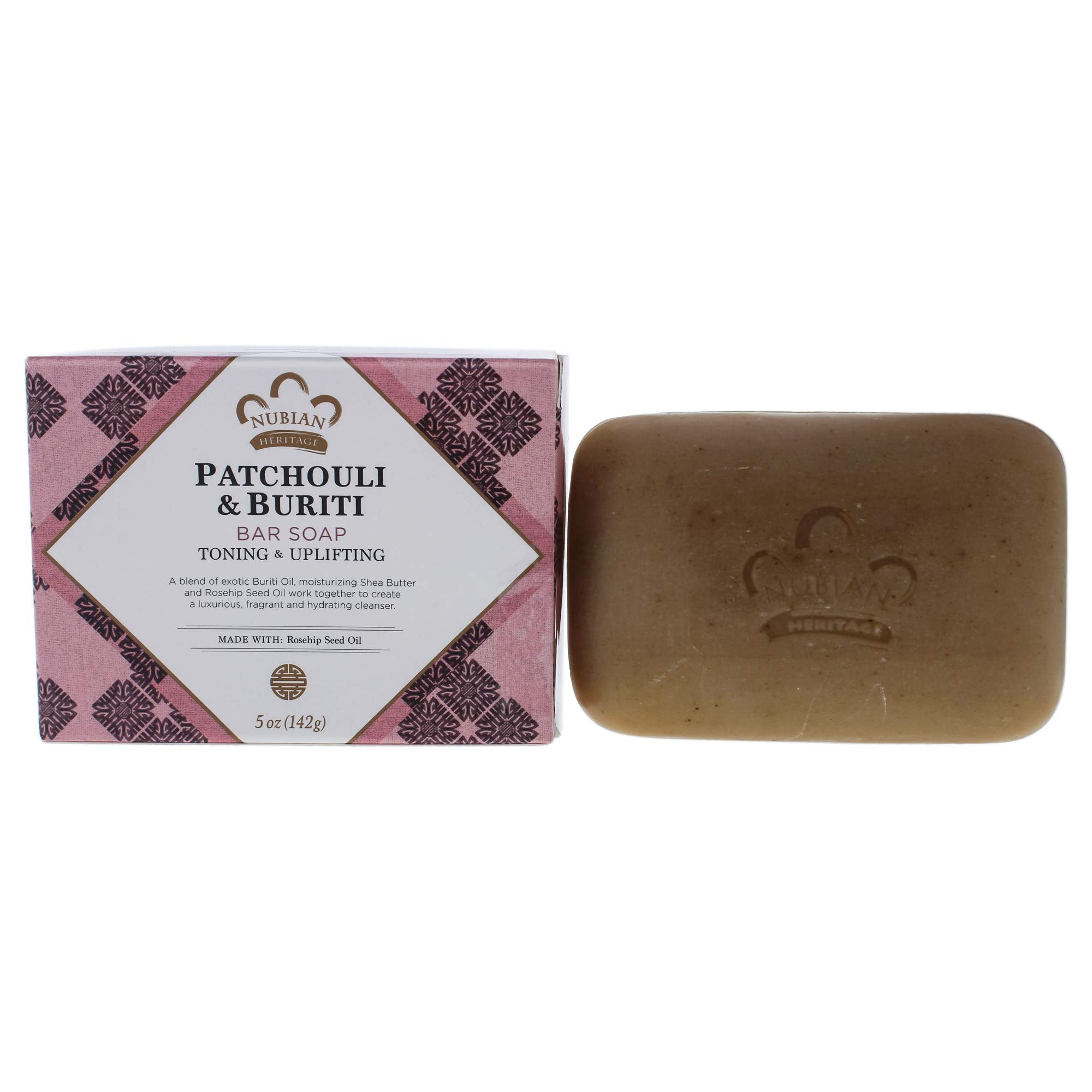 Nubian Heritage patchouli and buriti bar soap front view showing branding and size for easy identification