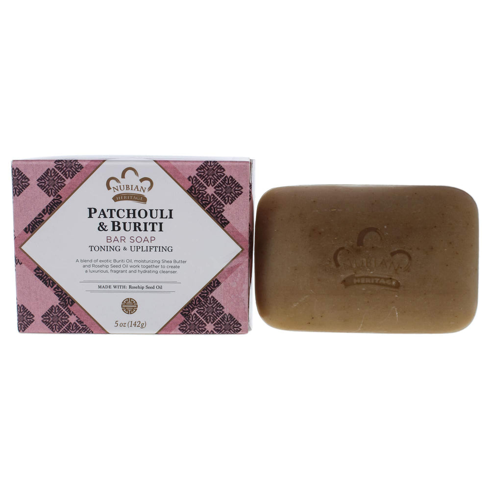 Nubian Heritage patchouli and buriti bar soap front view showing branding and size for easy identification