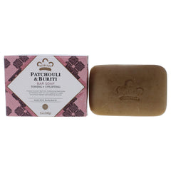Nubian Heritage patchouli and buriti bar soap front view showing branding and size for easy identification