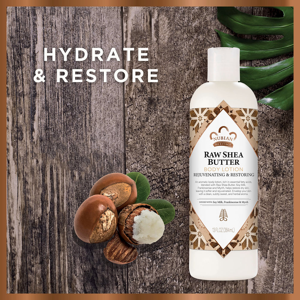 Nubian Heritage lotion texture close-up showing creamy shea-rich finish for smooth skin