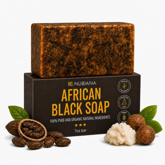 Nubiana front packaging showing natural handmade black soap benefits