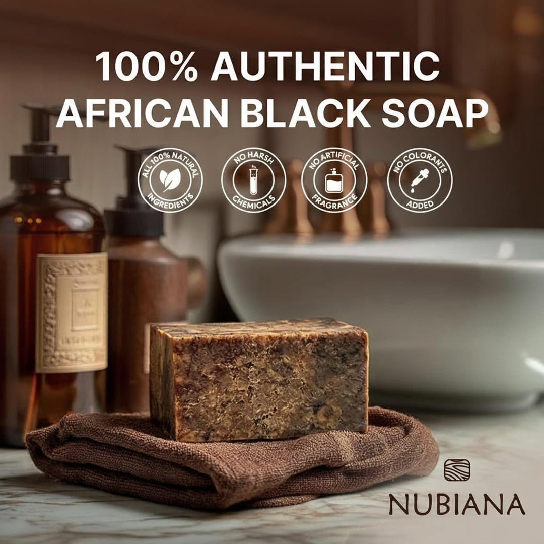 Nubiana label closeup listing cocoa pod ash and unrefined shea butter