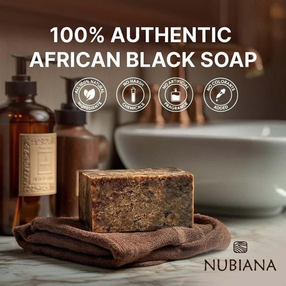 Nubiana label closeup listing cocoa pod ash and unrefined shea butter