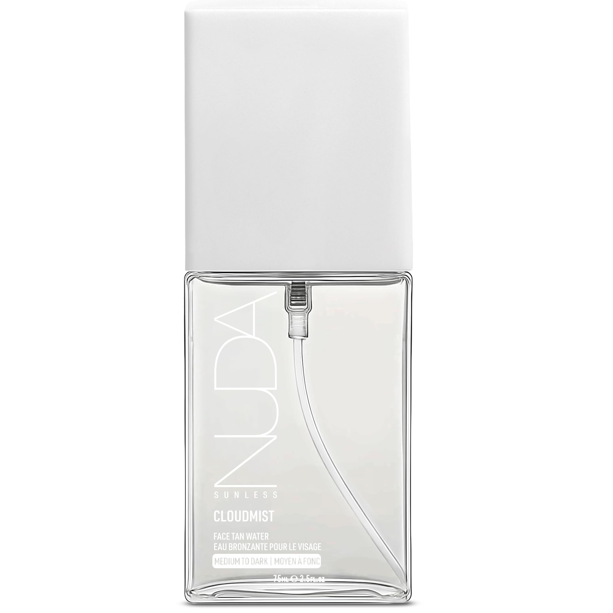 Nuda front packaging showing bottle and label, clear travel-friendly tan