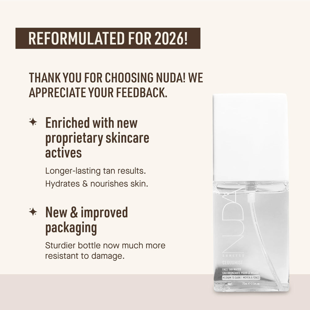 Nuda mist spraying from bottle onto skin, even application benefit