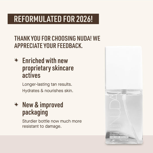Nuda mist spraying from bottle onto skin, even application benefit
