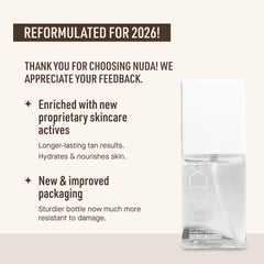 Nuda mist spraying from bottle onto skin, even application benefit
