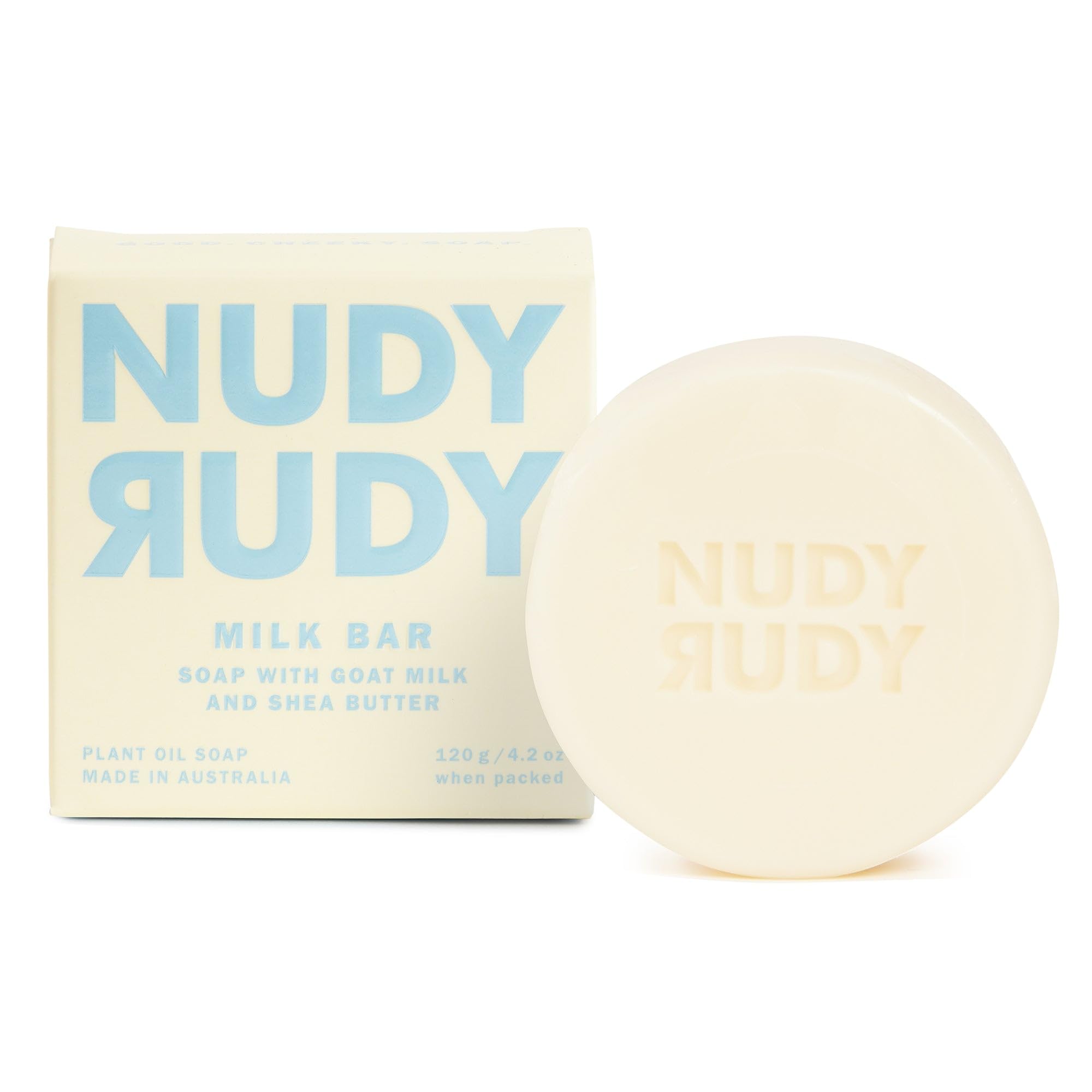 Nudy Rudy front packaging showing goat milk bar and benefits