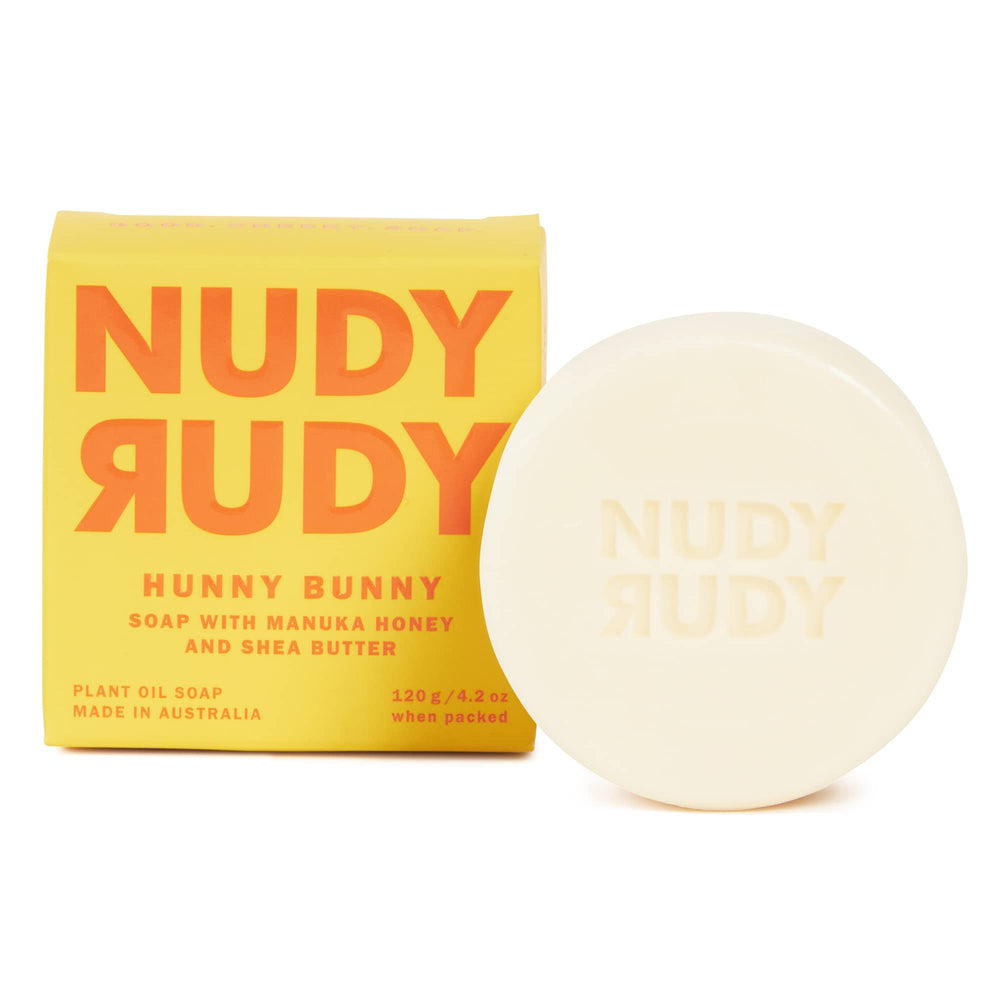 Nudy Rudy front packaging of Hunny Bunny soap showing puck and branding for clear product ID
