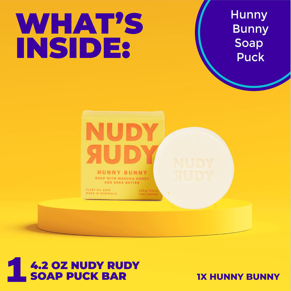 Nudy Rudy Hunny Bunny held in hand to show 4.2 oz size and portable convenience