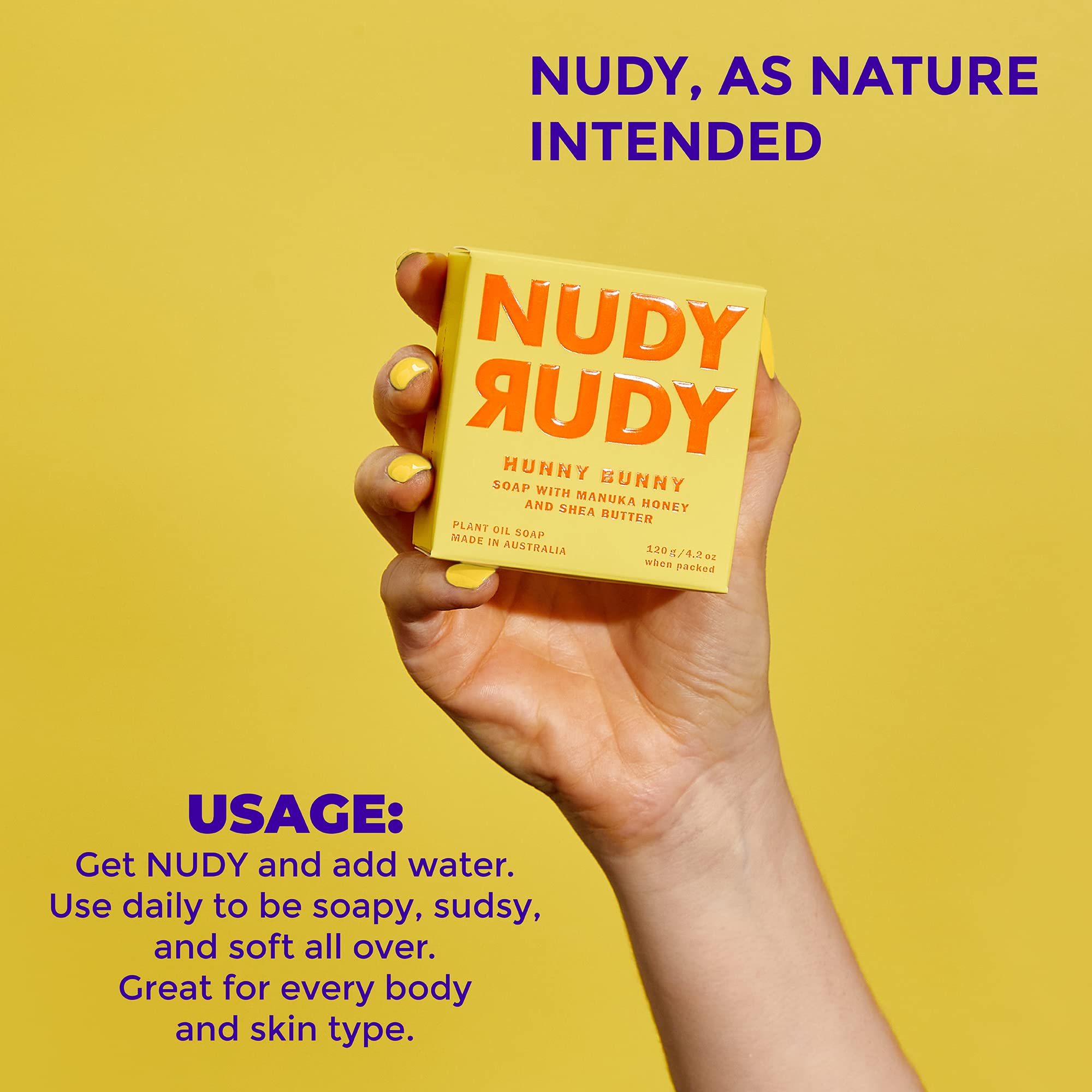 Nudy Rudy label detail on Hunny Bunny soap showing ingredients like Manuka honey and shea butter