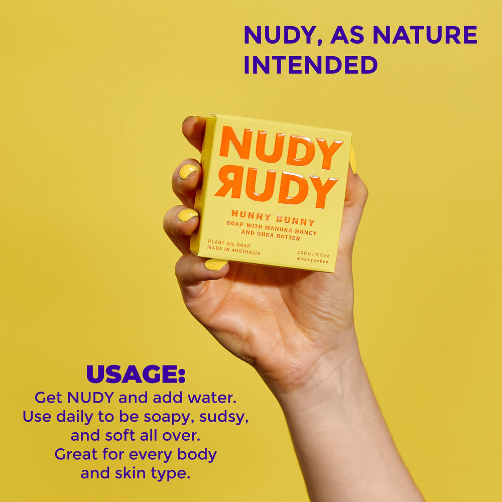 Nudy Rudy label detail on Hunny Bunny soap showing ingredients like Manuka honey and shea butter