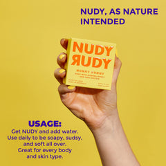 Nudy Rudy label detail on Hunny Bunny soap showing ingredients like Manuka honey and shea butter