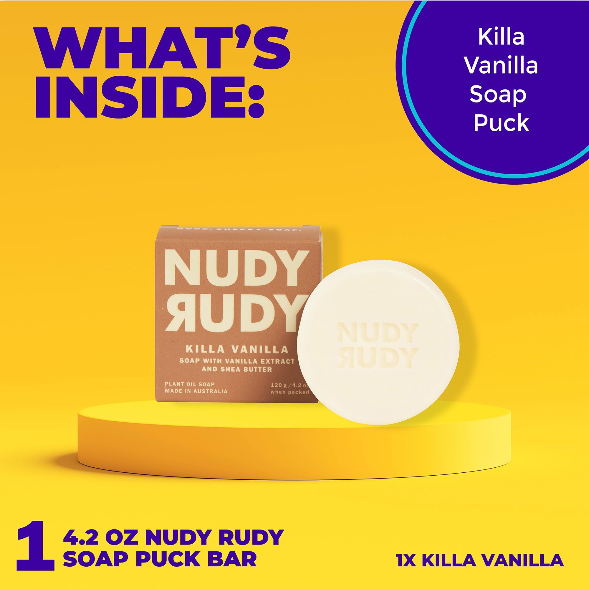 Nudy Rudy soap bar in hand showing 4.2 oz travel-friendly size