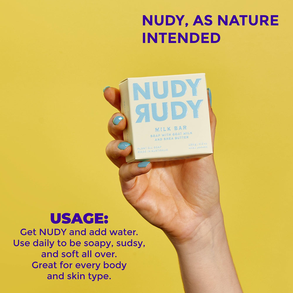 Nudy Rudy label closeup listing gentle ingredients and clean formulation