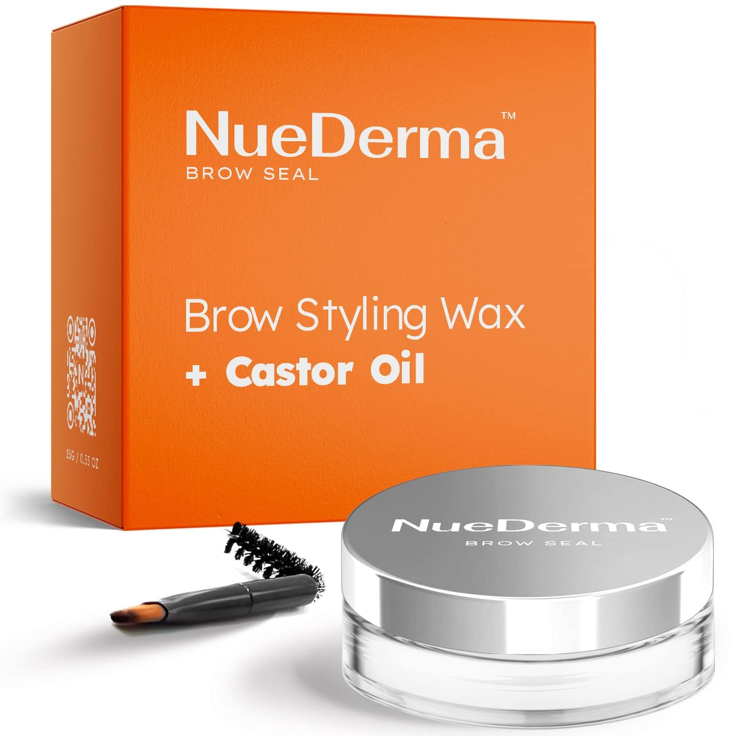 NueDerma front packaging of Brow Seal showing product jar and branding conditioning brows
