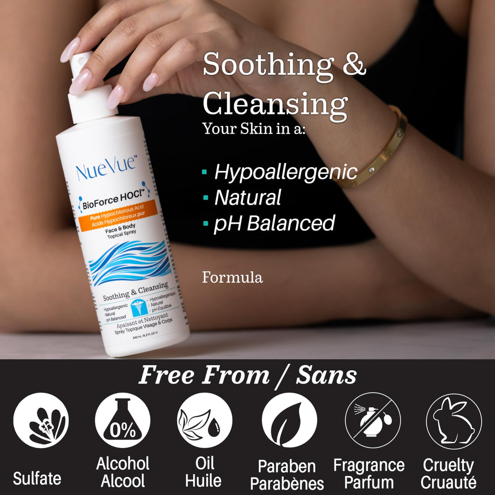 NueVue mist applied to face for soothing, layerable hydration benefit