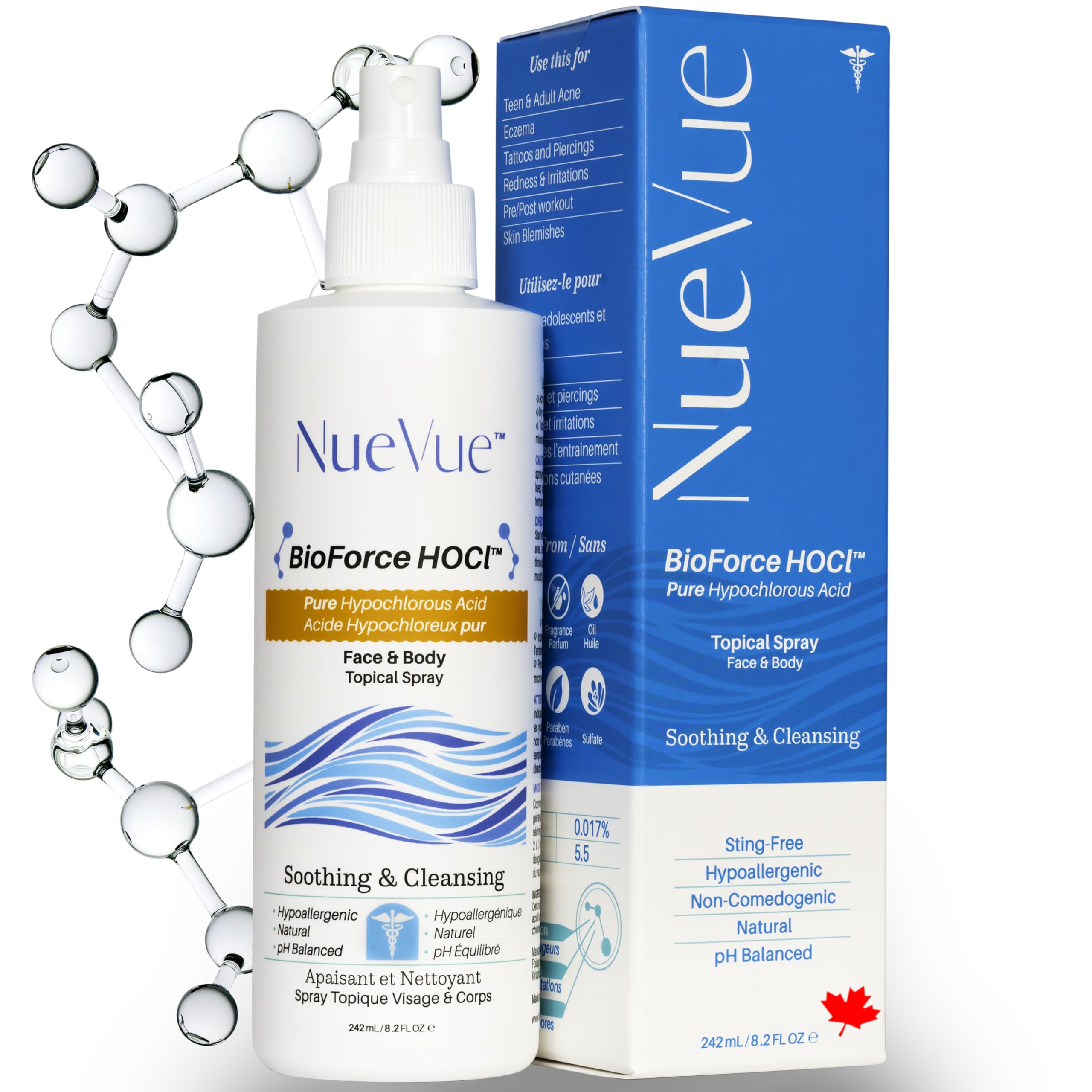 NueVue BioForce front bottle showing clean design and travel-friendly size
