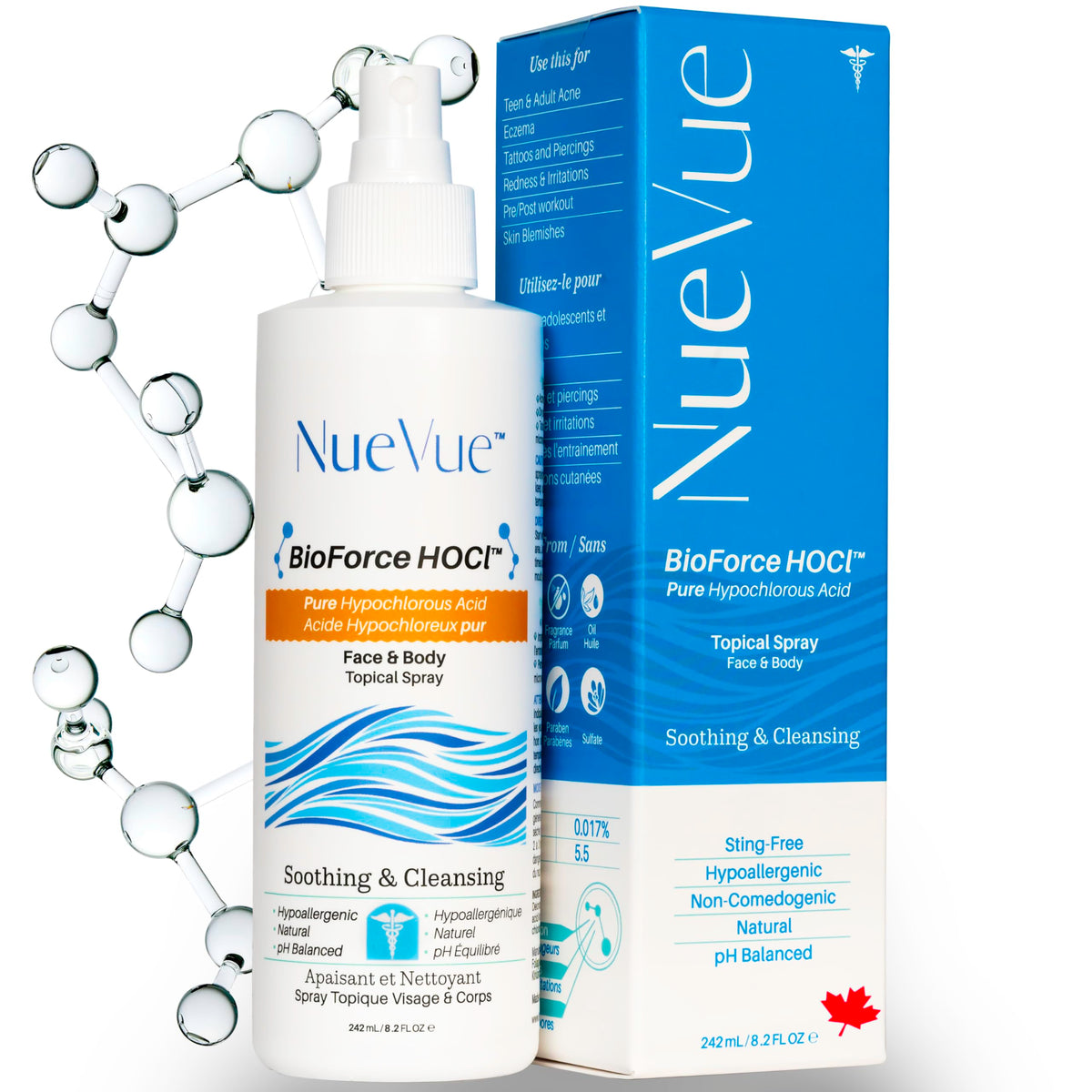 NueVue BioForce front bottle showing clean design and travel-friendly size
